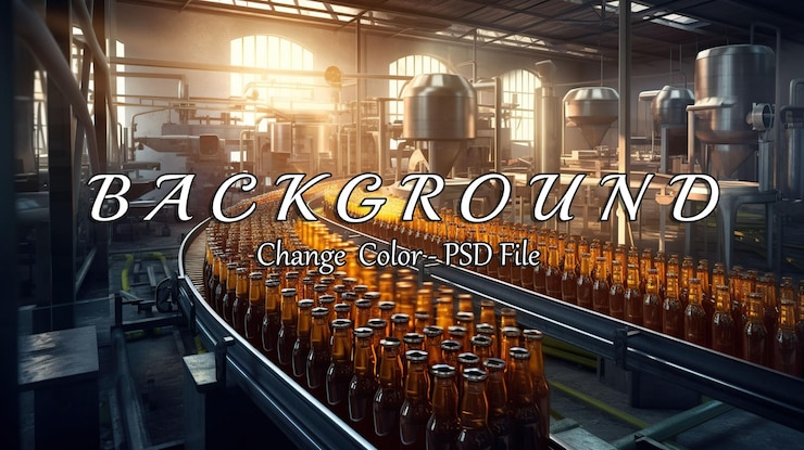 PSD bottling production line with modern equipment and orange reflections in a factory setting showcasing the process of beverage manufacturing and packaging