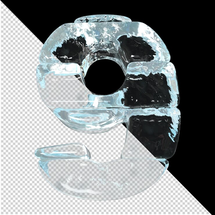 PSD bottom view of numbers made from ice ingots. 3d number 9