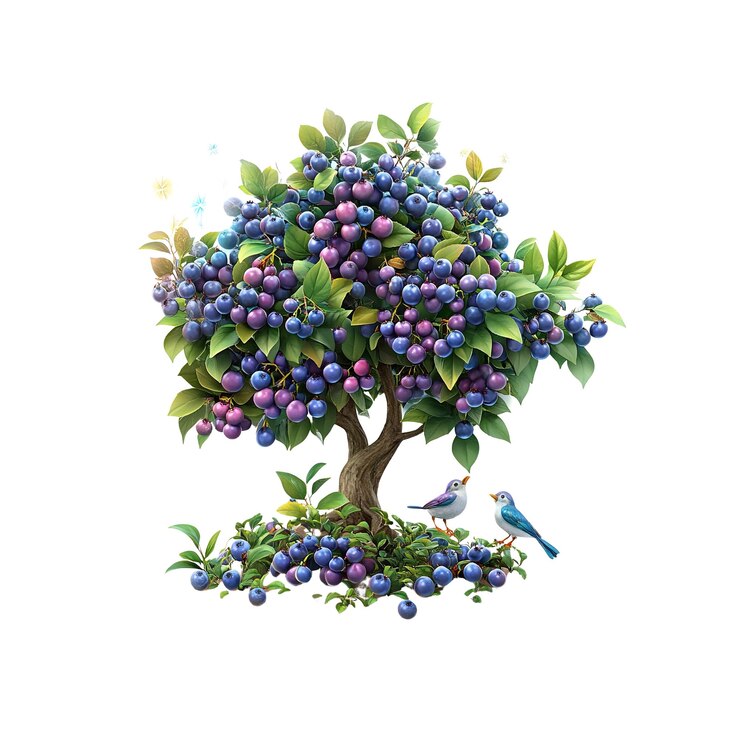 PSD bountiful blueberry tree with birds digital painting