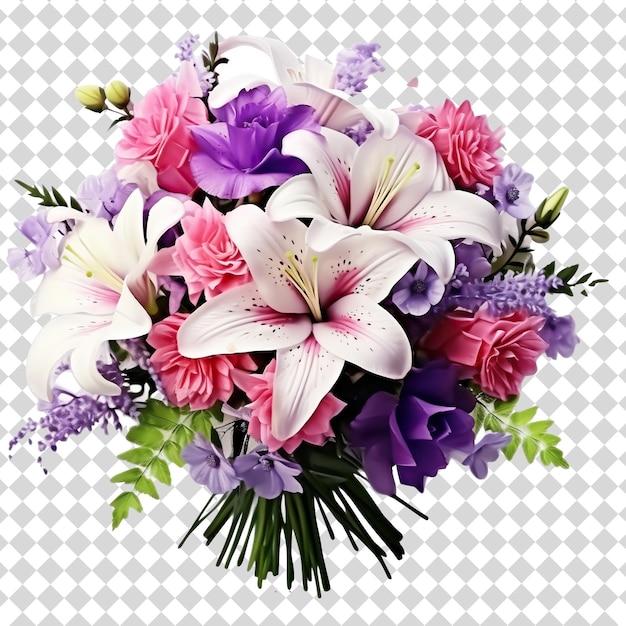 PSD bouquet of beautifully arranged colorful flowers isolated on transparent background psd file format