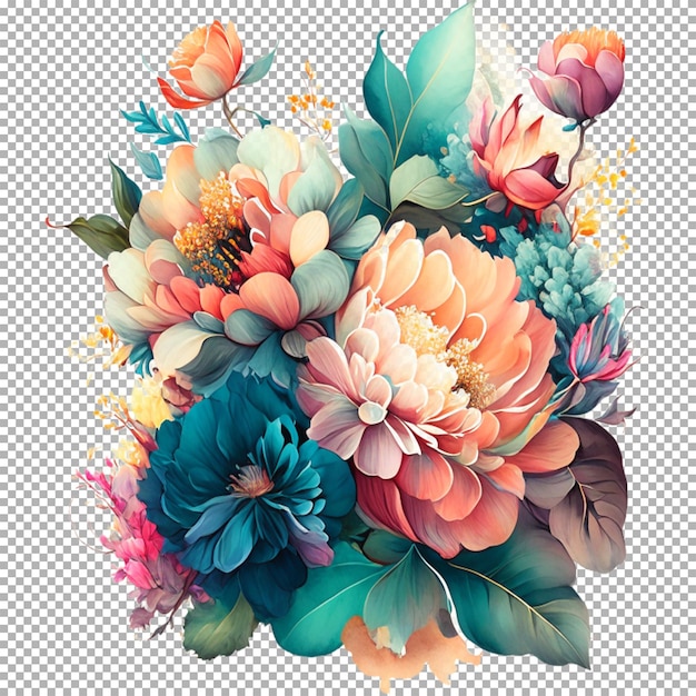 PSD bouquet di fiori colorati ad acquerello su sfondo trasparente