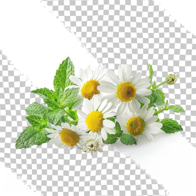 PSD a bouquet of daisies and mint leaves on a checkered background