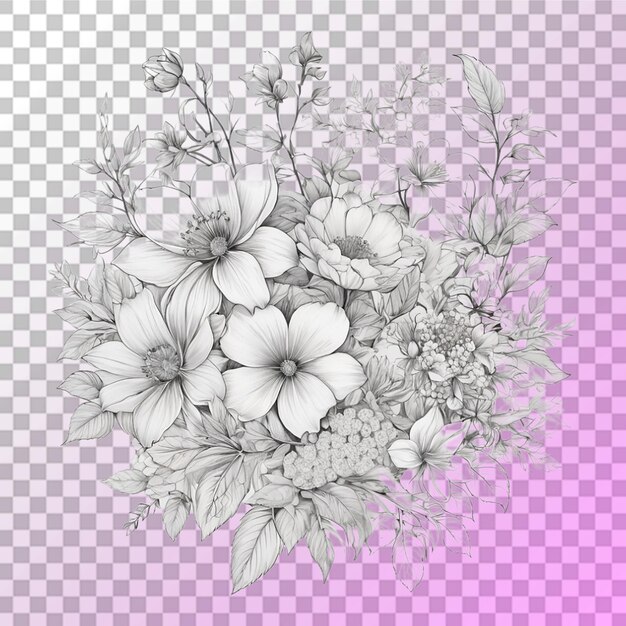 PSD bouquet of different flower tattoo line art transparent background