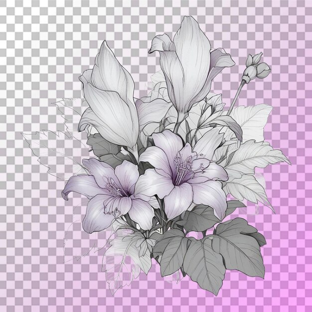 PSD bouquet of different flower tattoo line art transparent background