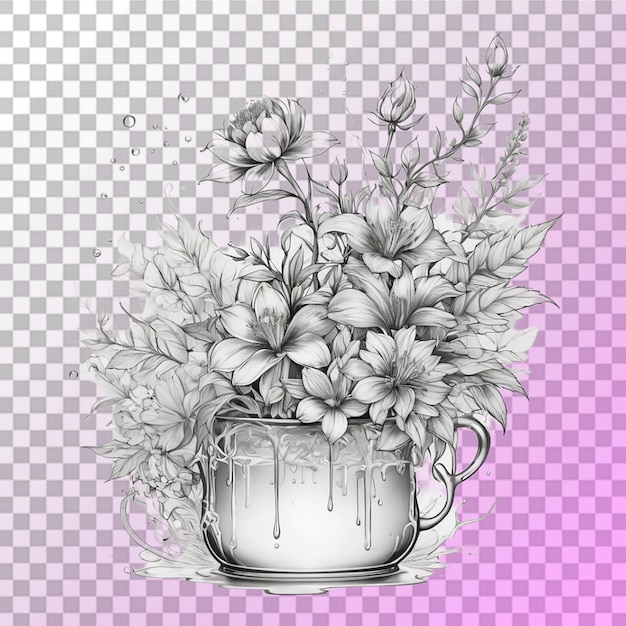 PSD bouquet of different flower tattoo line art transparent background