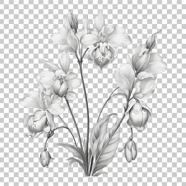 PSD bouquet of different outline flowers tattoo line art transparent background