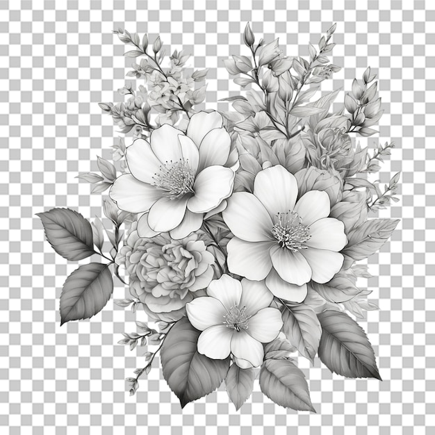 PSD bouquet of different outline flowers tattoo line art on transparent background