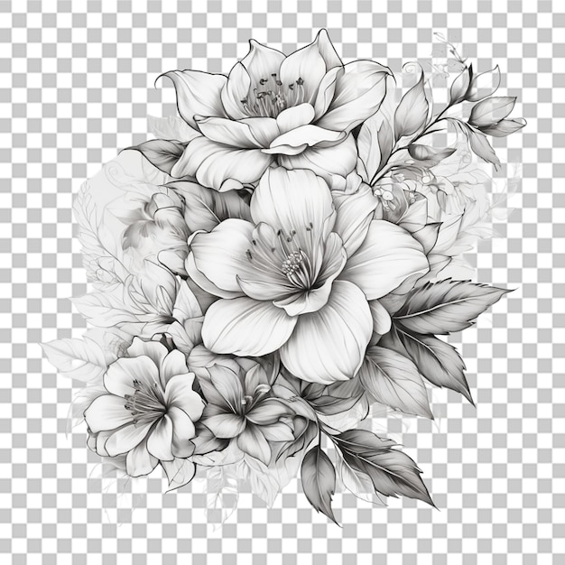 PSD bouquet of different outline flowers tattoo line art on transparent background