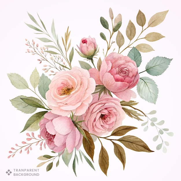 Bouquet floral de acuarela con rosas rosas y hojas verdes Diseño botánico elegante pintado a mano
