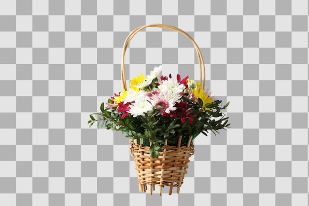 bouquet of flowers in a wicker basket isolated on white background png