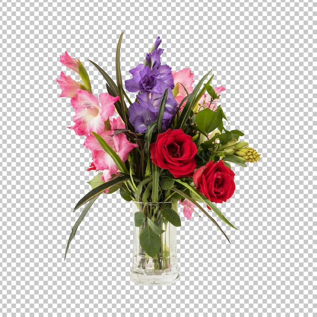PSD bouquet of mixed flowers and leaves in vase isolated rendering