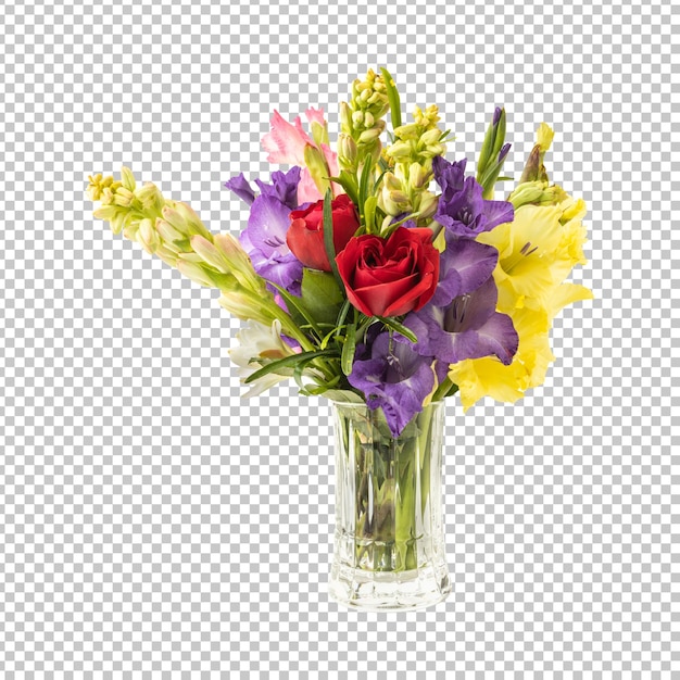 PSD bouquet of mixed flowers and leaves in vase isolated rendering