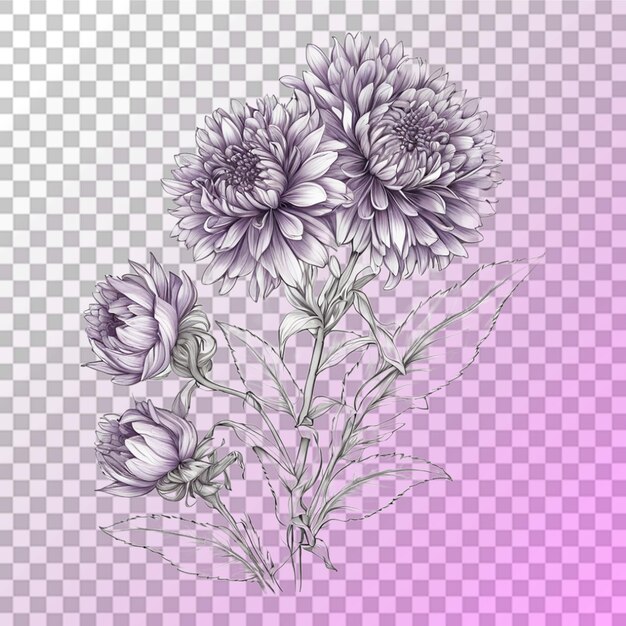 PSD bouquet of different flower tattoo line art transparent background