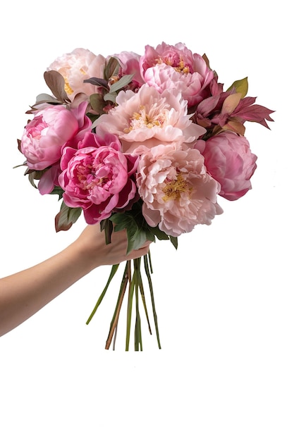 PSD bouquet di fiori di peonie rosa in mano simbolo regalo.