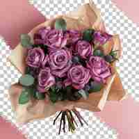 PSD a bouquet of purple roses with green leaves and pink roses