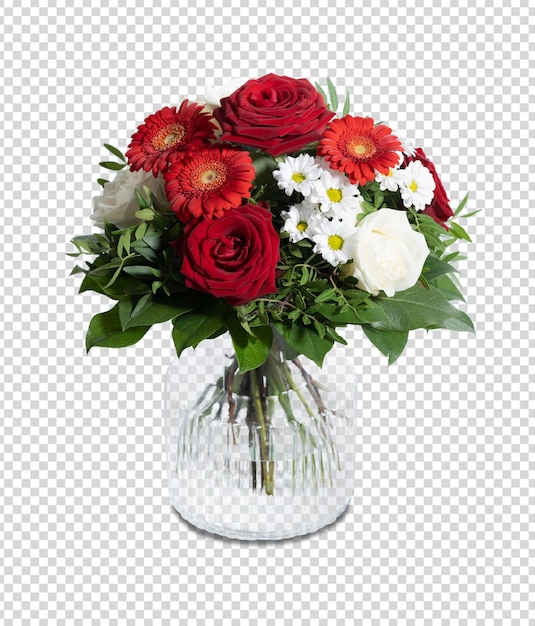 A bouquet of red roses in a glass vase