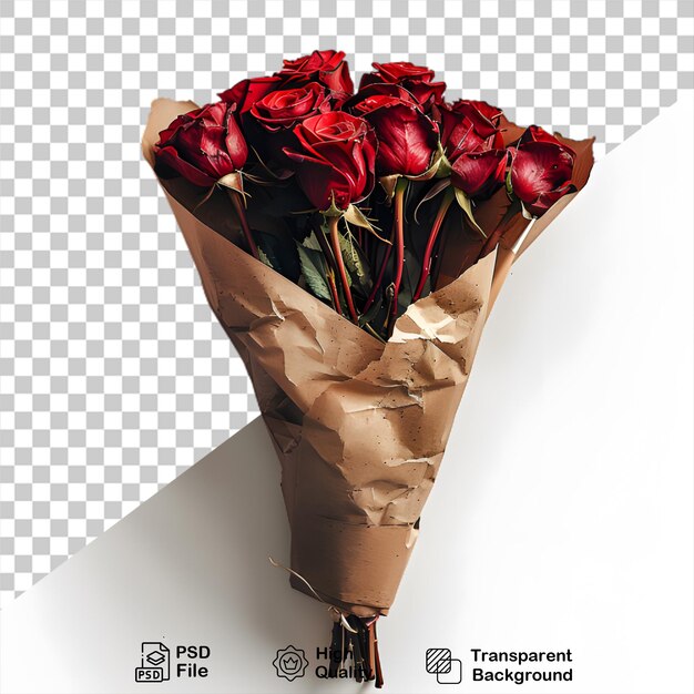 PSD a bouquet of red roses with a ribbon tied around the bottom on transparent background