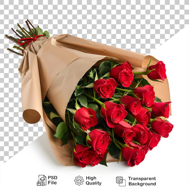 PSD a bouquet of red roses with a ribbon tied around the bottom on transparent background