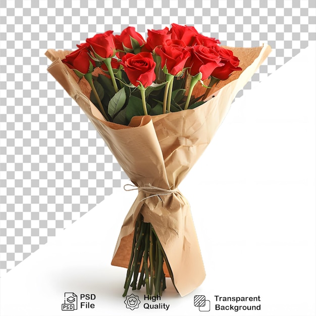 A bouquet of red roses with a white ribbon around the bottom on transparent background