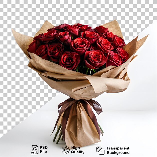 A bouquet of red roses with a white ribbon around the bottom on transparent background