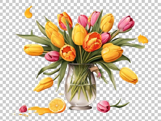 PSD bouquet of tulips and mimosas art illustration on transparent backgrounds