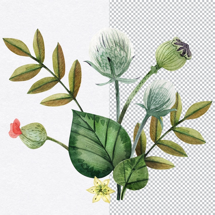 PSD bouquet with flowers and leaves of wild plants. watercolor hand drawn botanical art