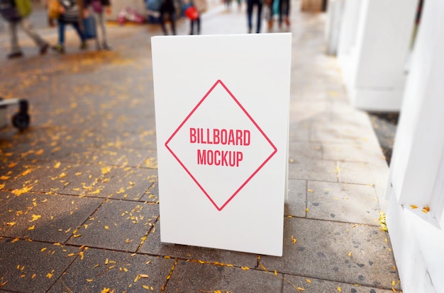 Boutique signage mockup on sidewalk. people and shop