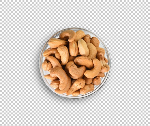 PSD bovenaanzicht cashewnoten in glazen kom geïsoleerd op transparante achtergrond met uitknipmasker