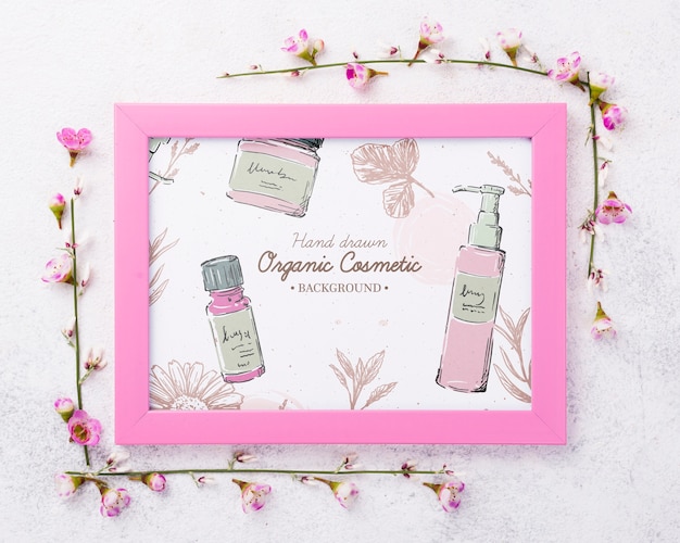 PSD bovenaanzicht cosmetica mockup met bloemen