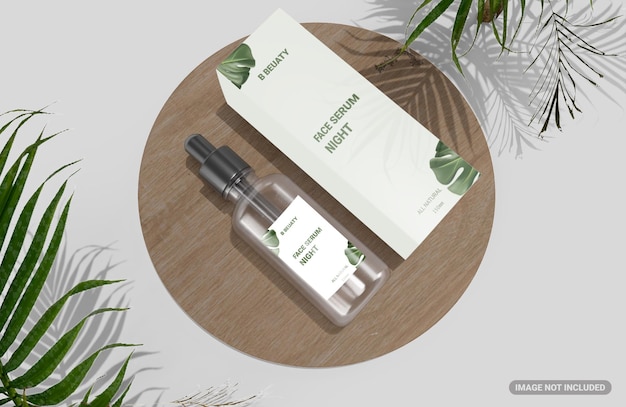 PSD bovenaanzicht mockup beauty serum druppelflesje met doos