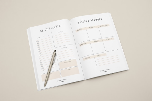 PSD bovenaanzicht op planner mockup-ontwerp