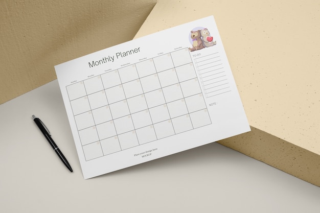 Bovenaanzicht op planner mockup-ontwerp