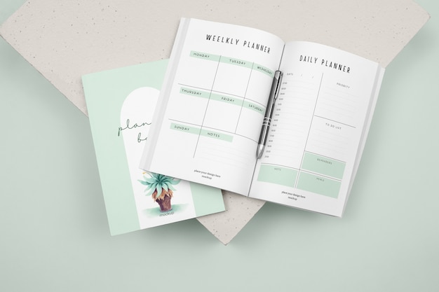 PSD bovenaanzicht op planner mockup-ontwerp