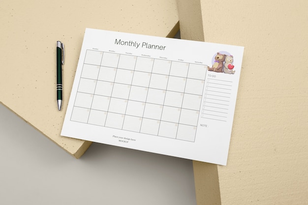 PSD bovenaanzicht op planner mockup-ontwerp