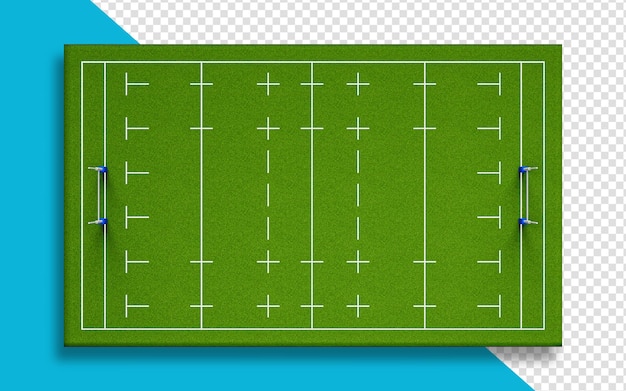 Bovenaanzicht rugbystadion of amerikaans voetbalveld gronddwarsdoorsnede met groen grasveld 3d