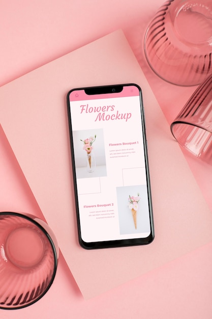 PSD bovenaanzicht smartphone en bril mockup