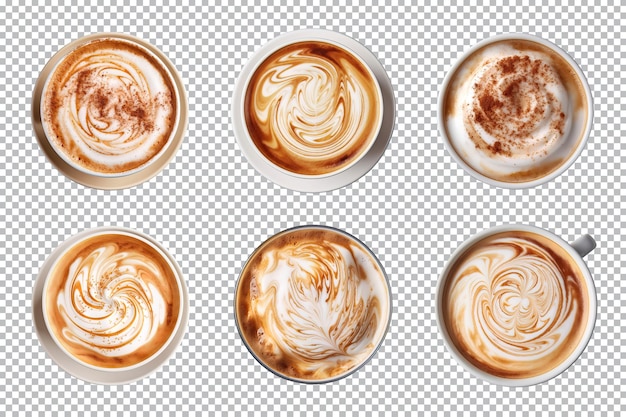 PSD bovenaanzicht van hete koffie cappuccino latte met schuimcollectie geïsoleerd op transparante achtergrond