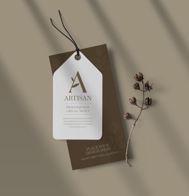 Bovenaanzicht van label label mockup met tak