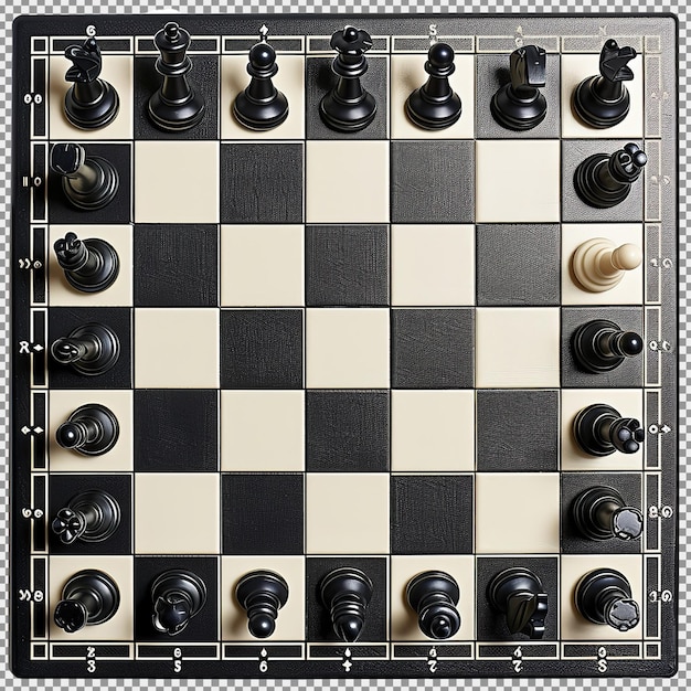PSD bovenaanzicht van schaakbord met houten schaakstukken geïsoleerd op een witte achtergrond