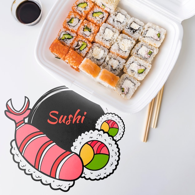 PSD bovenaanzicht van sushi op tafel met sojasaus