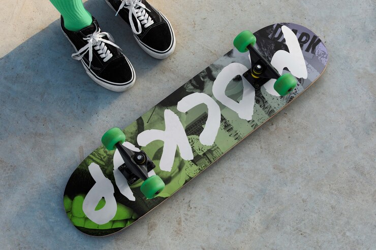 PSD bovenaanzicht vrouw met skateboard poseren