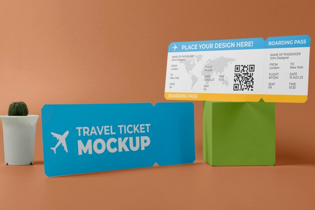 Bovenbeeld over het reisticket mockup