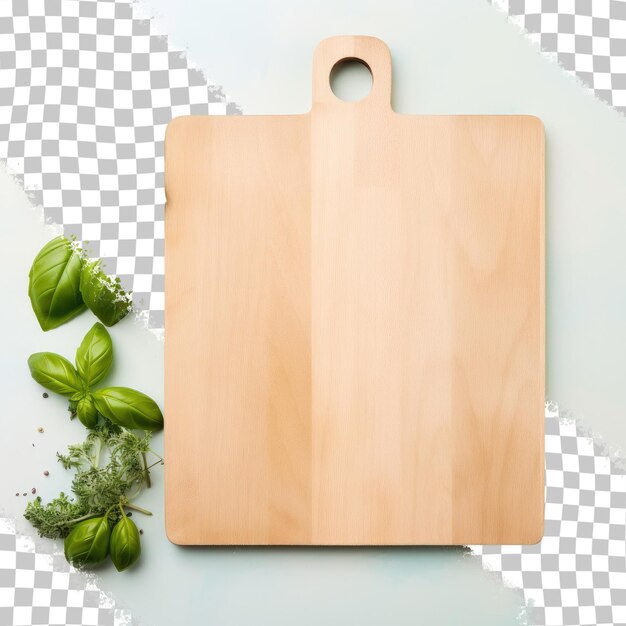PSD bovenbeeld van een houten snijplank omringd door zoete basilicumbladeren die gezond voedsel vertegenwoordigen op een transparante achtergrond