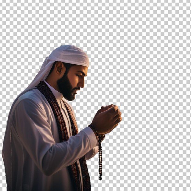 PSD bovenbeeld van een jonge islamitische jongen die tijdens de heilige maand ramadan bidt.