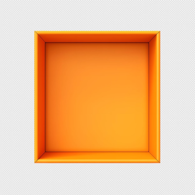 Bovenbeeld van een oranje geopende doos met lege ruimte voor de weergave van het product zonder achtergrond