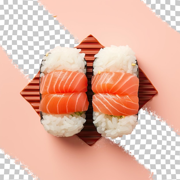 PSD bovenbeeld van transparante achtergrond met rauwe zalm en rijst nigiri sushi een japanse delicatesse