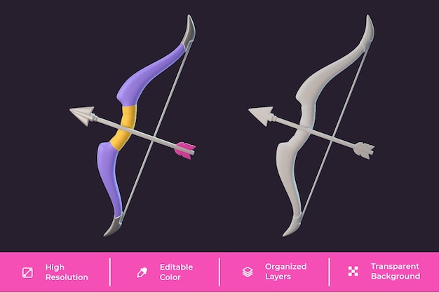 PSD 활과 화살 3d 게임 아이콘 렌더링 절연
