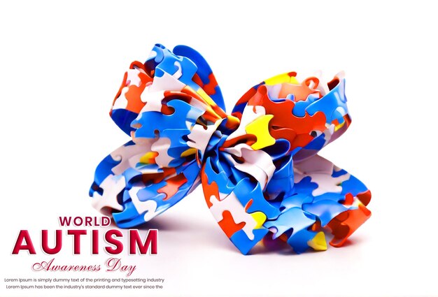 PSD uno striscione a fiocco bandiera della giornata mondiale della consapevolezza dell'autismo con puzzle colorati su sfondo bianco