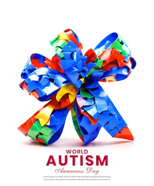 PSD a bow ribbons with world autism awareness day banner