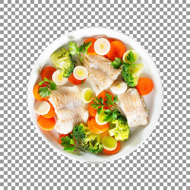 Bowl of baked fish and vegetables with transparent background